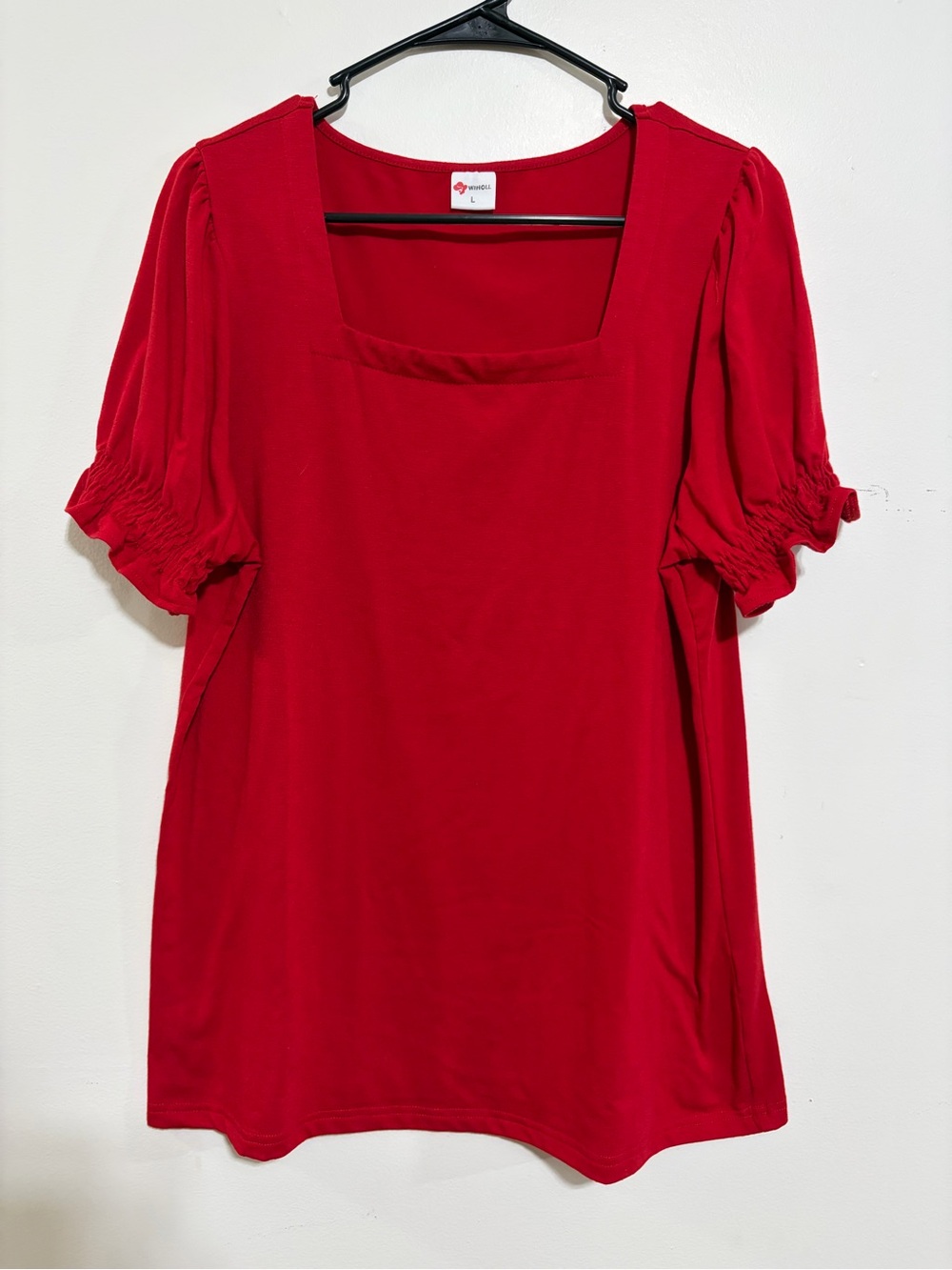 Women's Red Square-Neck Puff Sleeve Tunic